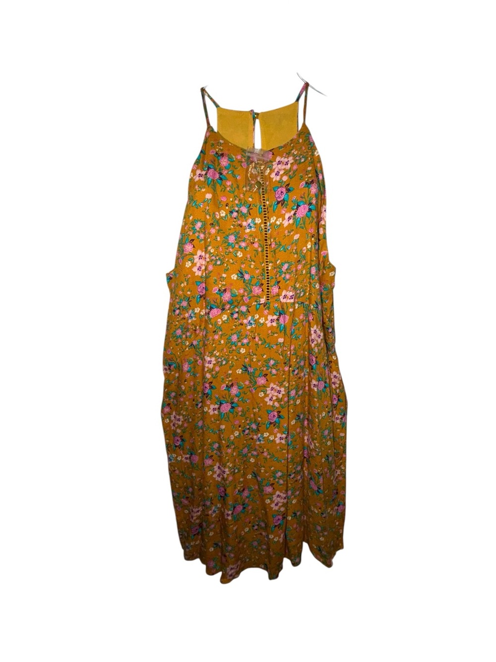 Everly Mustard Floral Midi Dress with Spaghetti Straps